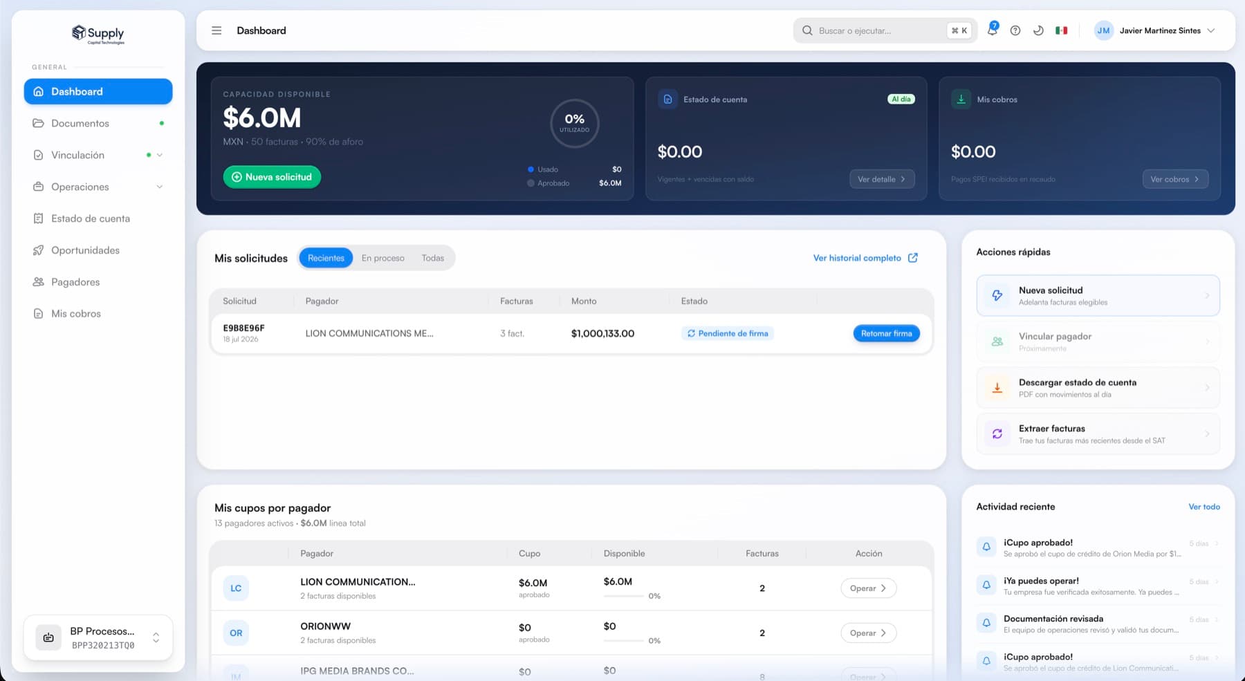 Dashboard principal de Supply Capital Tech con capacidad disponible y solicitudes recientes