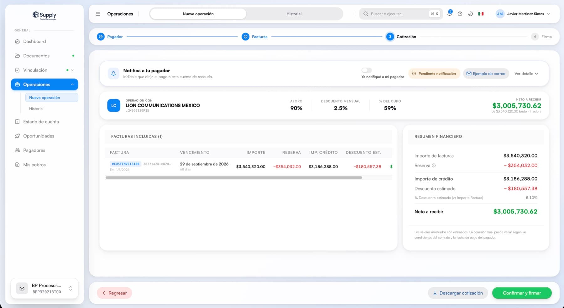Cotización con desglose financiero y neto a recibir